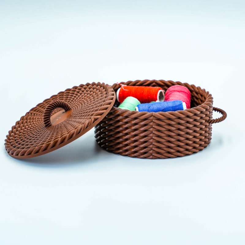 Okrągły koszyk – stylowy organizer na drobiazgi | z pokrywką | Brązowy